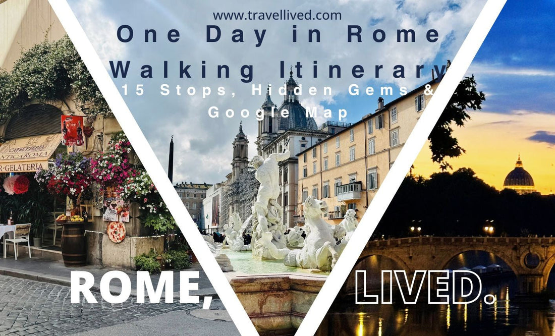One Day in Rome walking itinerary: 15 stops, hidden gems and Google Map, with photos of a café, Piazza Navona and the Tiber.