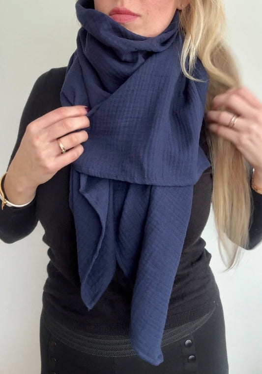 The Journey Wrap l Deep Navy l Lightweight Travel Wrap, Muslin Cotton Scarf Blanket