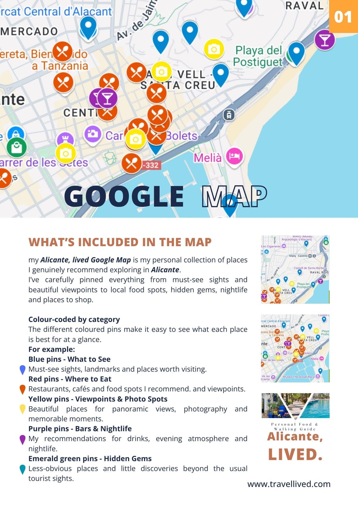 A Google Maps style travel map poster for Alicante, Spain, showing a colored map of the area with location pins and a large Google Map logo. Below the map, text lists what is included in the map, with small inset photos of local sights and landmarks.