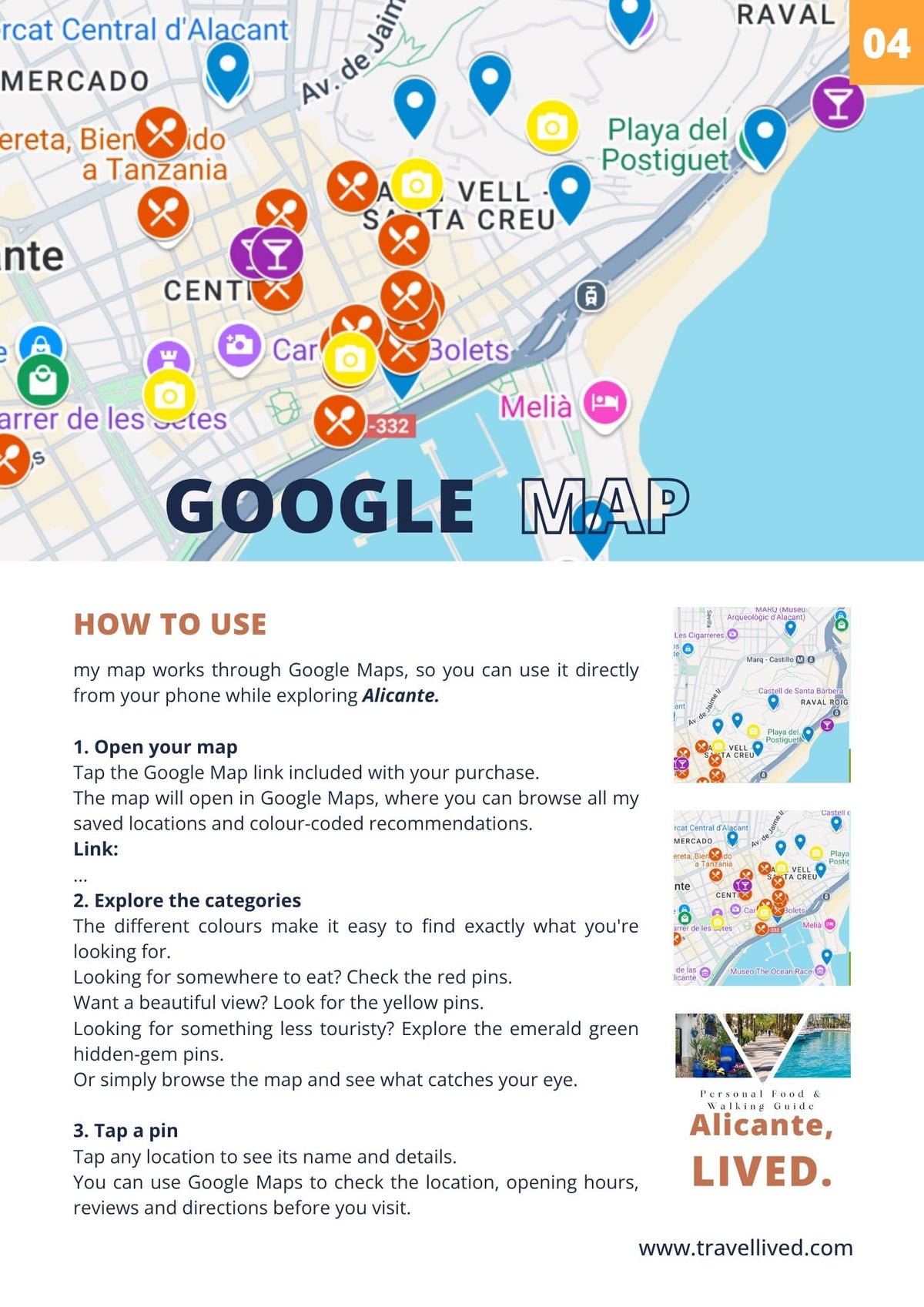 A Google Maps travel guide card featuring a map of Morocco, 'How to use' instructions, a small inset map, and the text 'Alicante, LIVED.'.