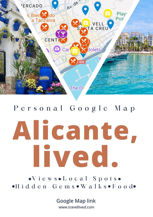 Promotional graphic for a Google Maps travel guide of Alicante, Spain, featuring a map overlay with location pins, a white house with blue flowers, a harbor scene, and the text 'Personal Google Map' and 'Alicante, lived.'.