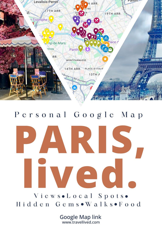 Promotional graphic for a Google Maps Paris travel guide, featuring a large map of Paris layered over photos of a Parisian cafe with pink cherry blossoms and the Eiffel Tower. The text reads 'Personal Google Map PARIS, lived.