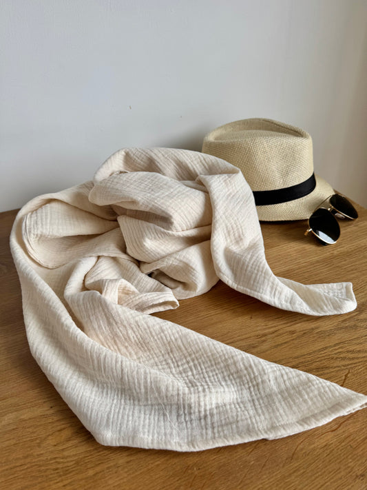 The Journey Wrap l Soft Ivory l Lightweight Travel Wrap, Muslin Cotton Scarf Blanket