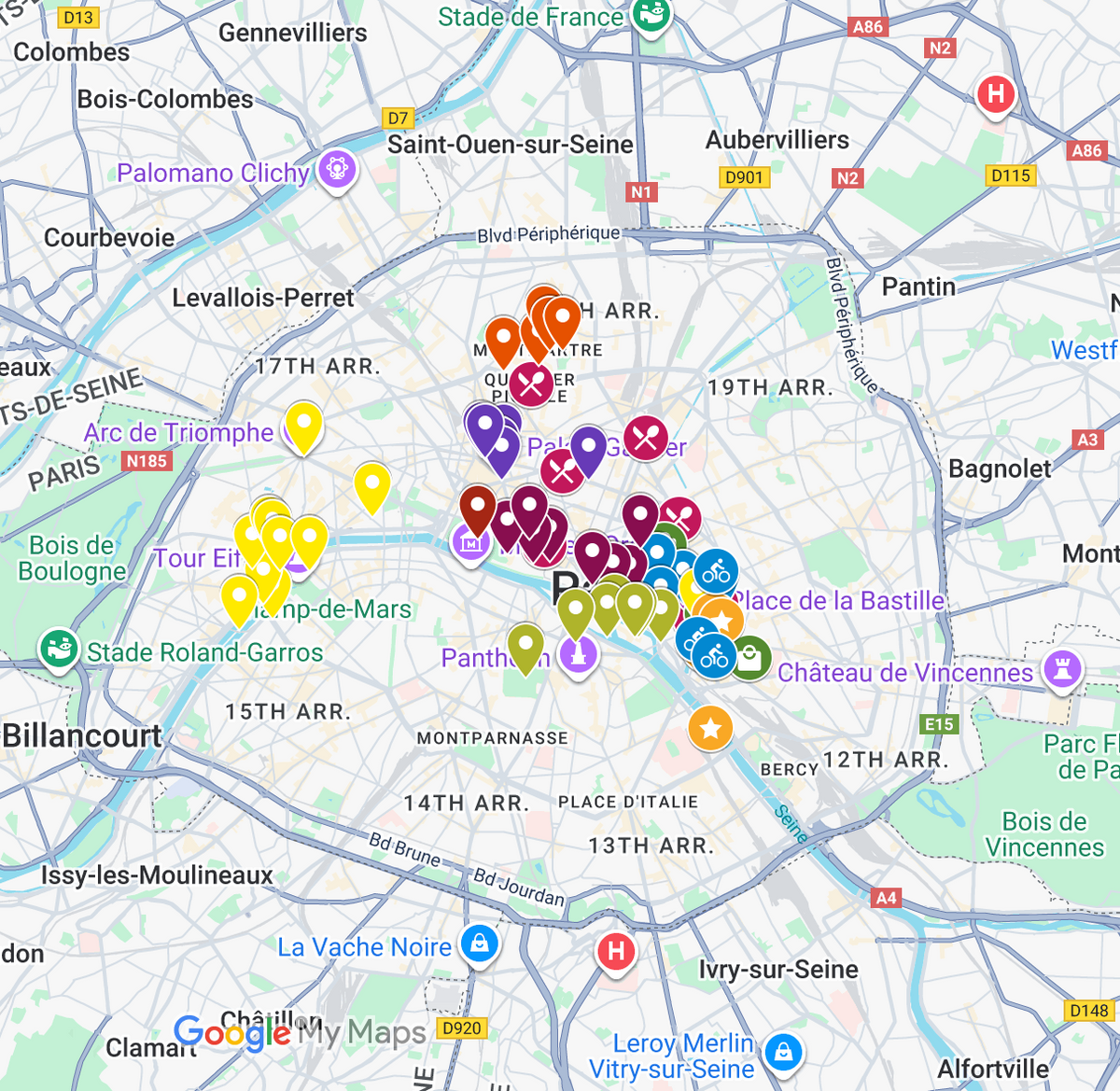 A Google My Maps style map centered on Paris France, showing a cluster of colored location pins around Place de la Bastille and Panthère, with street names, neighborhoods, and Google My Maps interface elements visible.