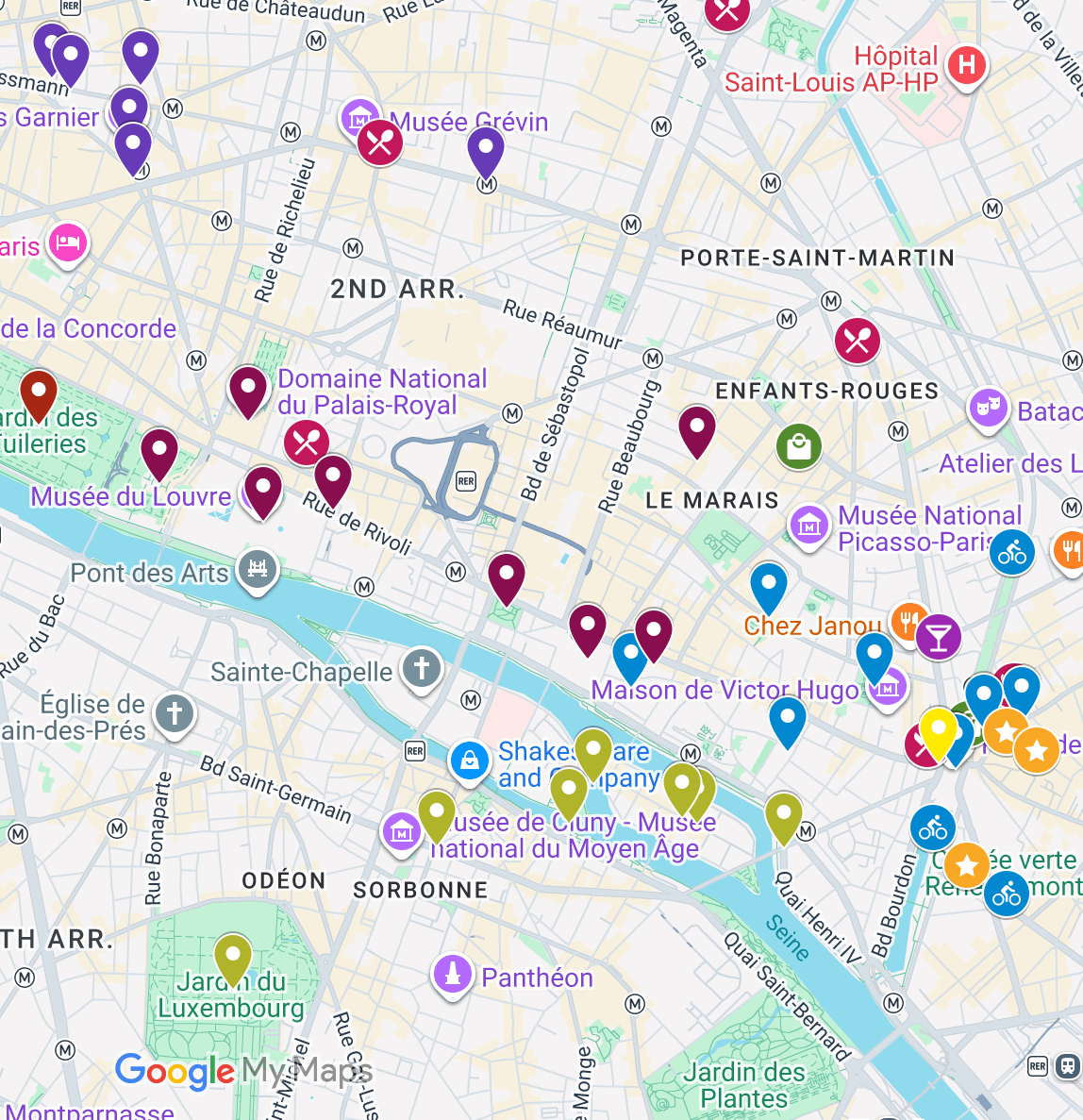 A Google My Maps-style map of Paris with many colored pin markers, place names, and street labels on a pale map background.