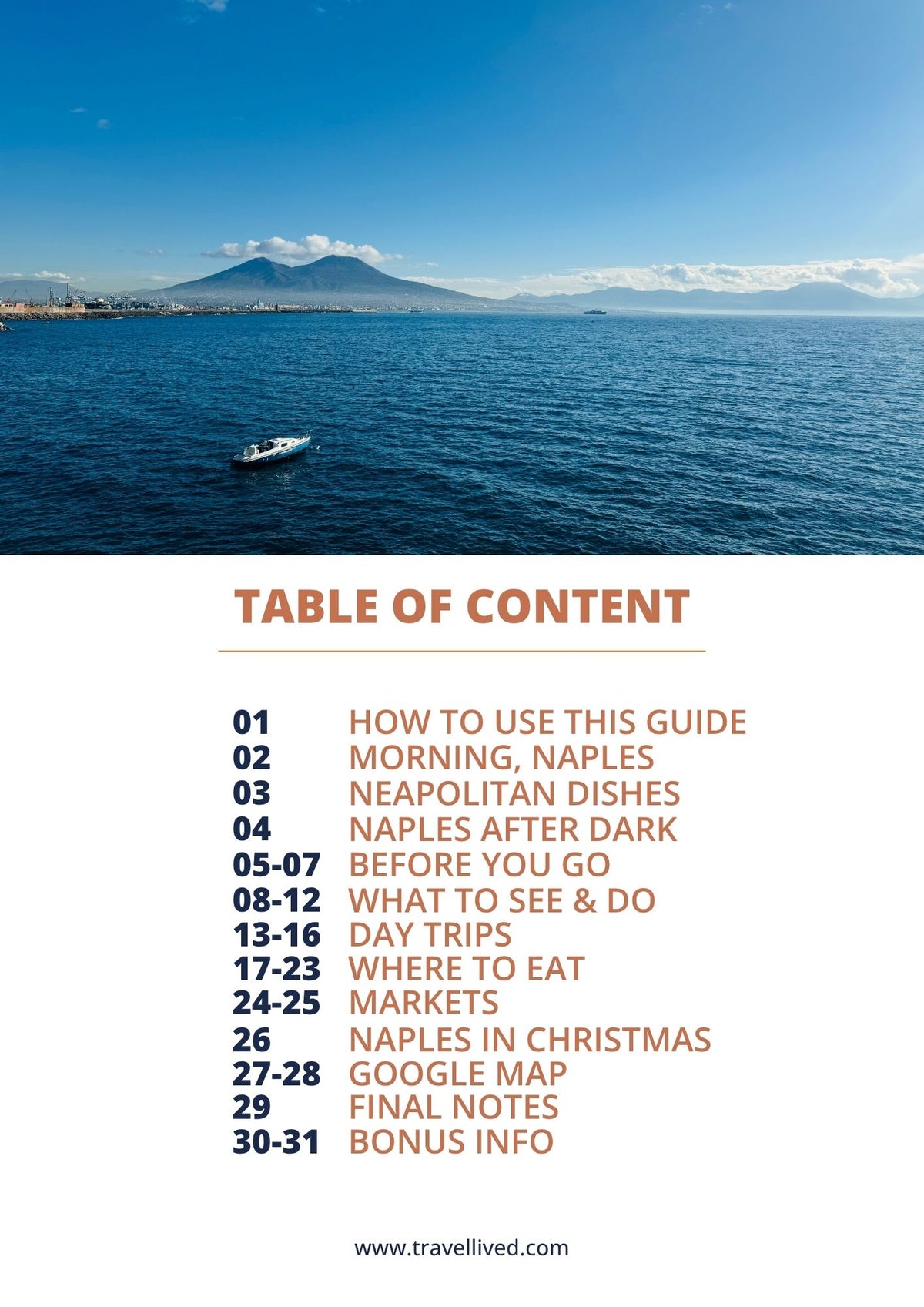A travel guide table of contents page featuring a scenic photograph of Mount Vesuvius and the sea above, with the title 'TABLE OF CONTENT' and a numbered list of topics below on a white background.