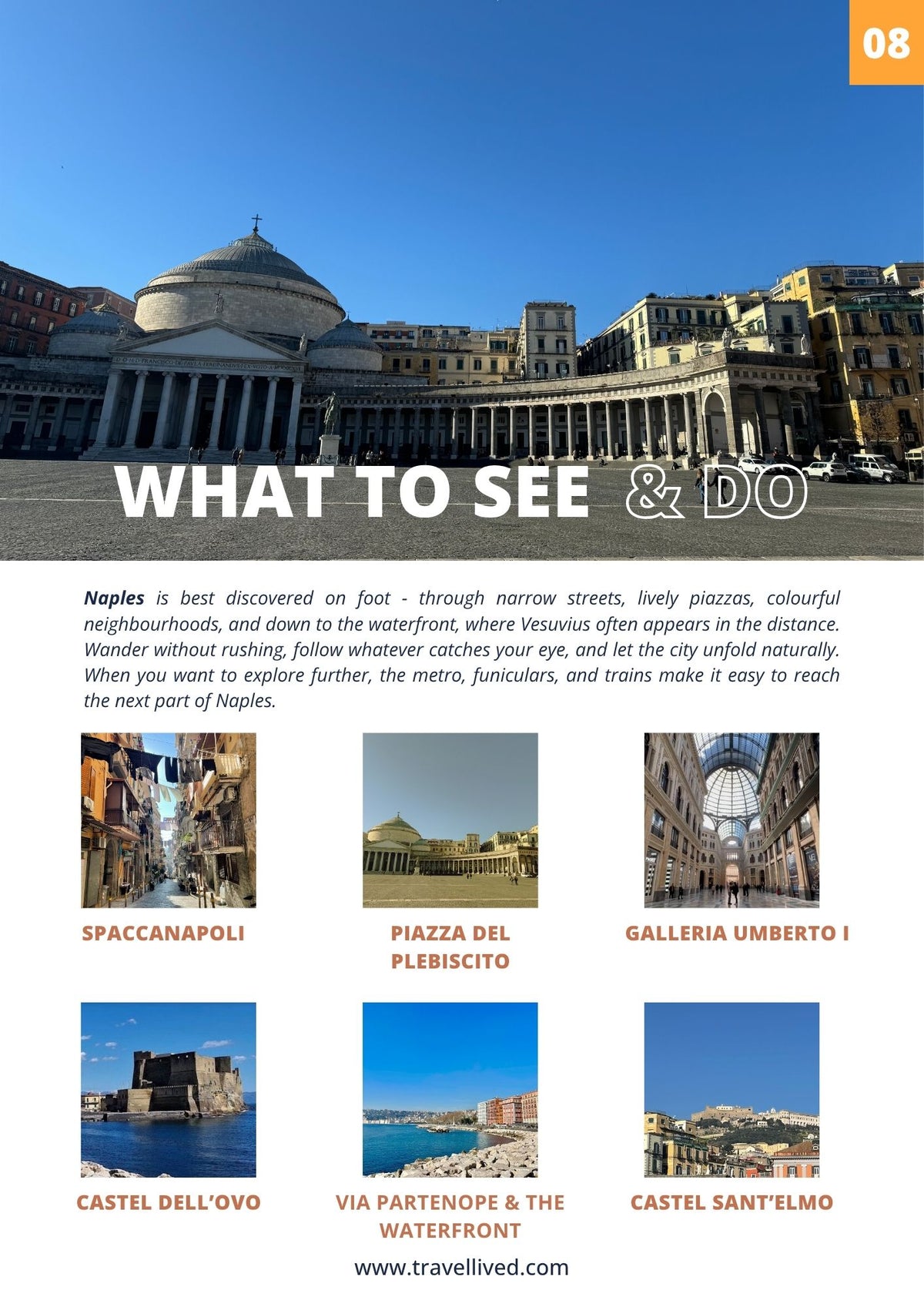 Travel guide poster for Naples, featuring a large scenic photograph of a Neapolitan square with a dome, descriptive text What to see & do in naples italy, and six smaller travel photos with titles including Spaccanapoli, Piazza del Plebiscito, Galleria Umberto I, Castel dell'Ovo, Via Partenope & the Waterfront, and Castel Sant'Elmo. The brand name travellived.