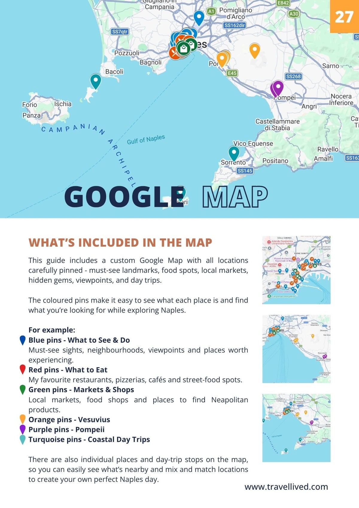 A Google Maps travel guide page showing a large map of Campania and Naples at the top, with text describing included map pins and location markers, plus small inset map screenshots on the right.