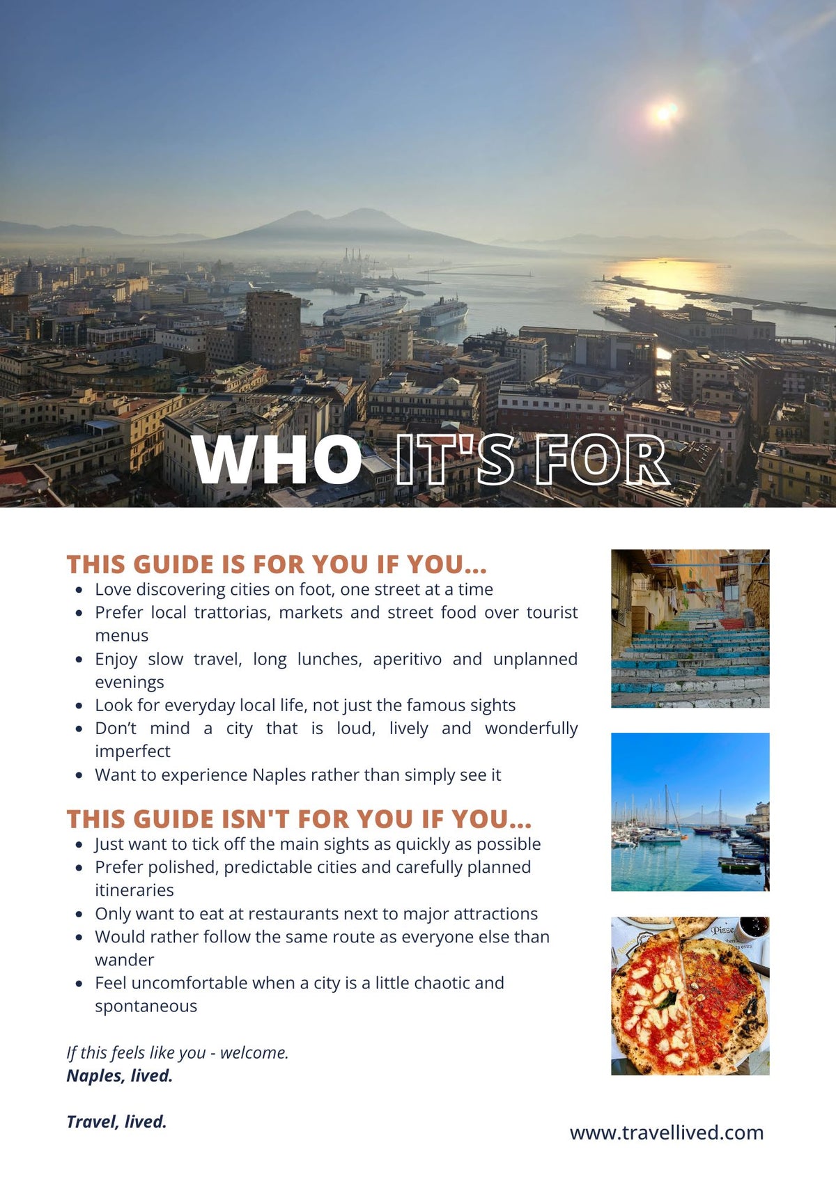 A travel guide poster for Naples, Italy, featuring a scenic sunset view of the city and sea at the top, text sections describing the target audience, small inset photos of food and architecture, and the website www.travellived.