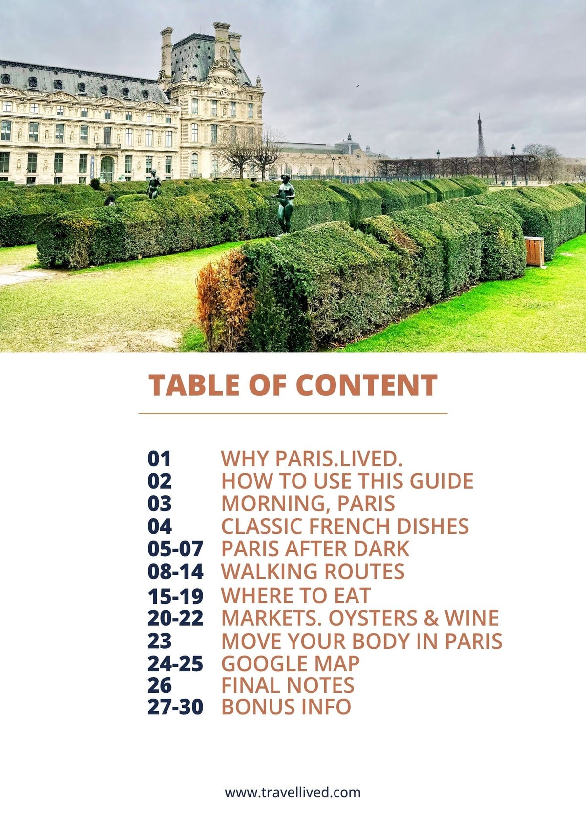 table of content for paris lived guide with google map included