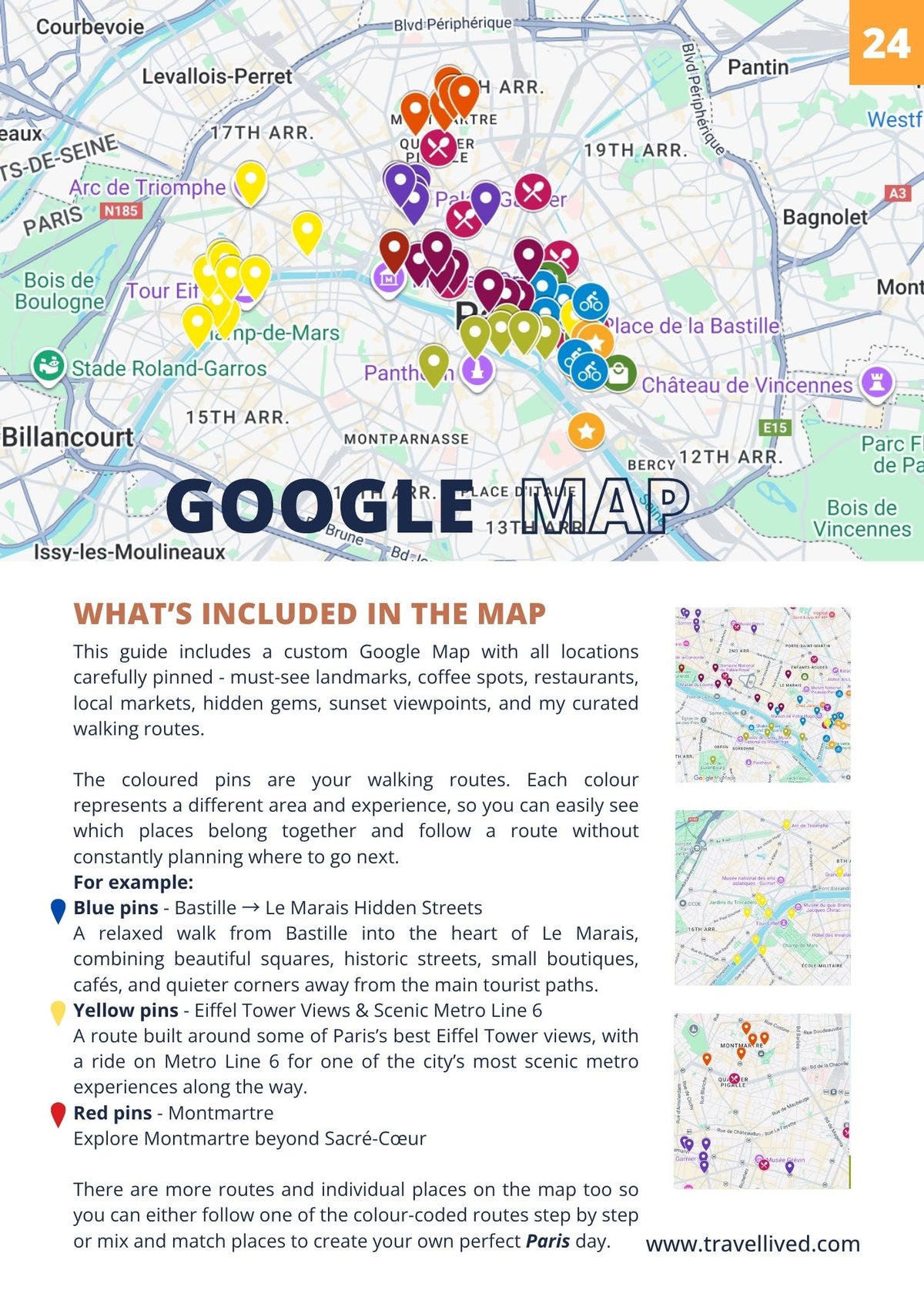 A printed or digital map guide cover for Google Maps featuring a multicolored walking route map of Paris, with labeled streets, landmarks, and a sidebar showing included locations and a small printed map preview.