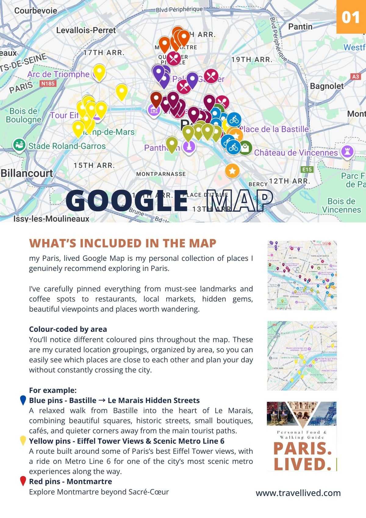 A travel guide map of Paris featuring colorful location pins, street names, and text detailing what is included in the tire map, with Google Maps branding and a Paris Lived logo.