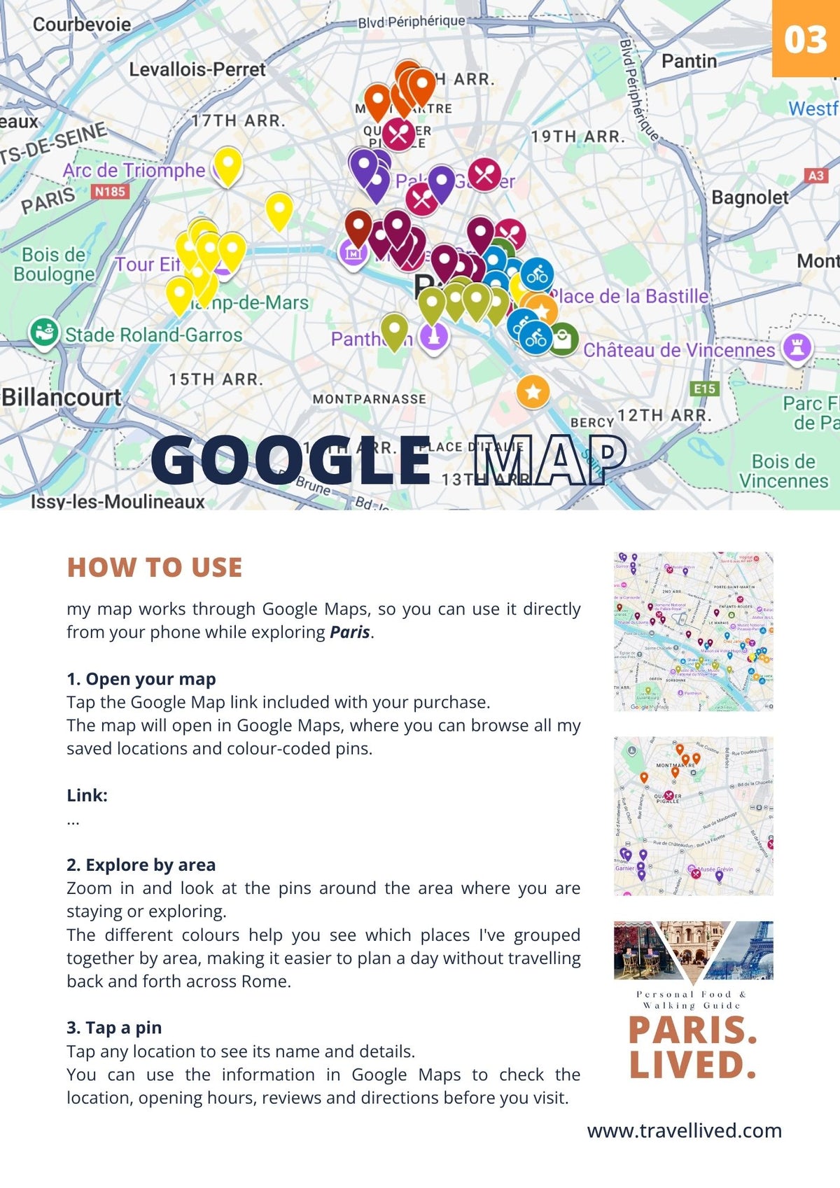 A French Paris France Google Maps travel guide poster showing a map of Paris with colorful location pins, step-by-step instructions on how to use Google Maps, and a small photo of a Parisian street scene.