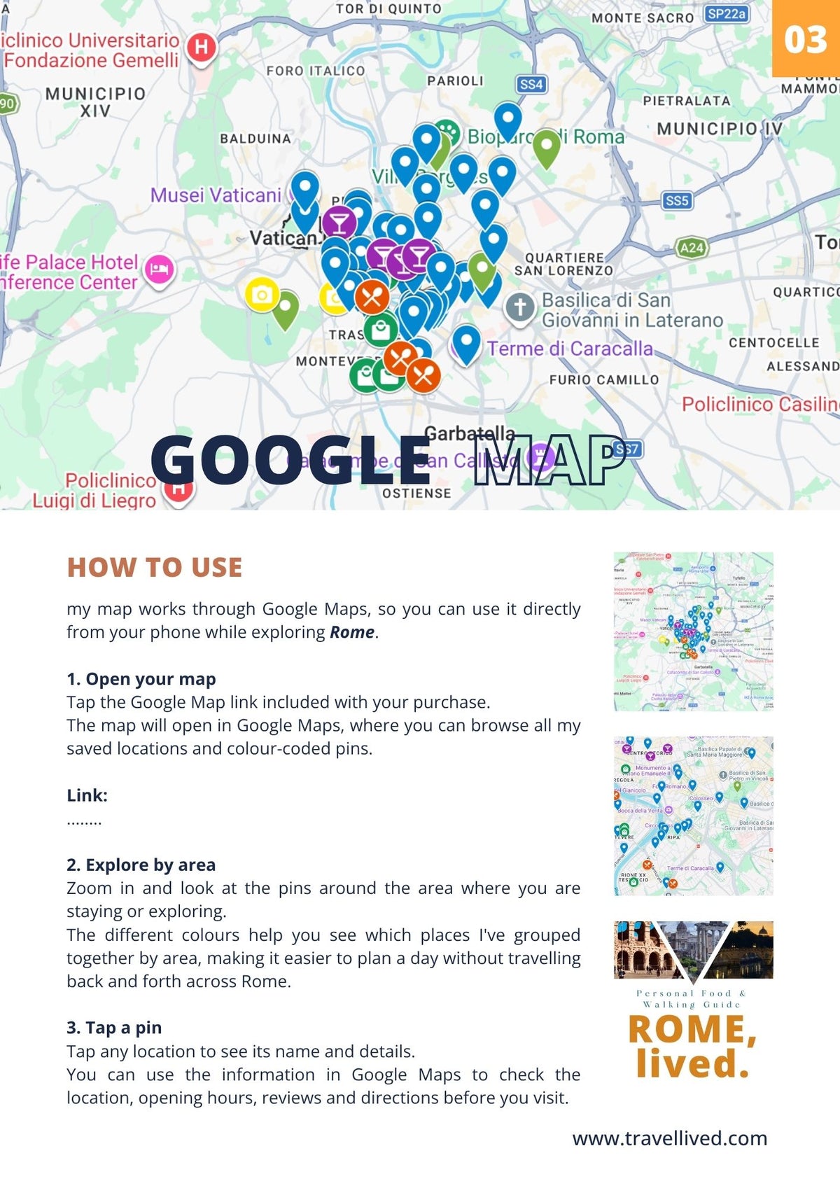 A travel guide map poster for Vatican City, featuring a Google Maps area, colored location pins, a 'How to use' section with text instructions, and a small photo collage on the right.