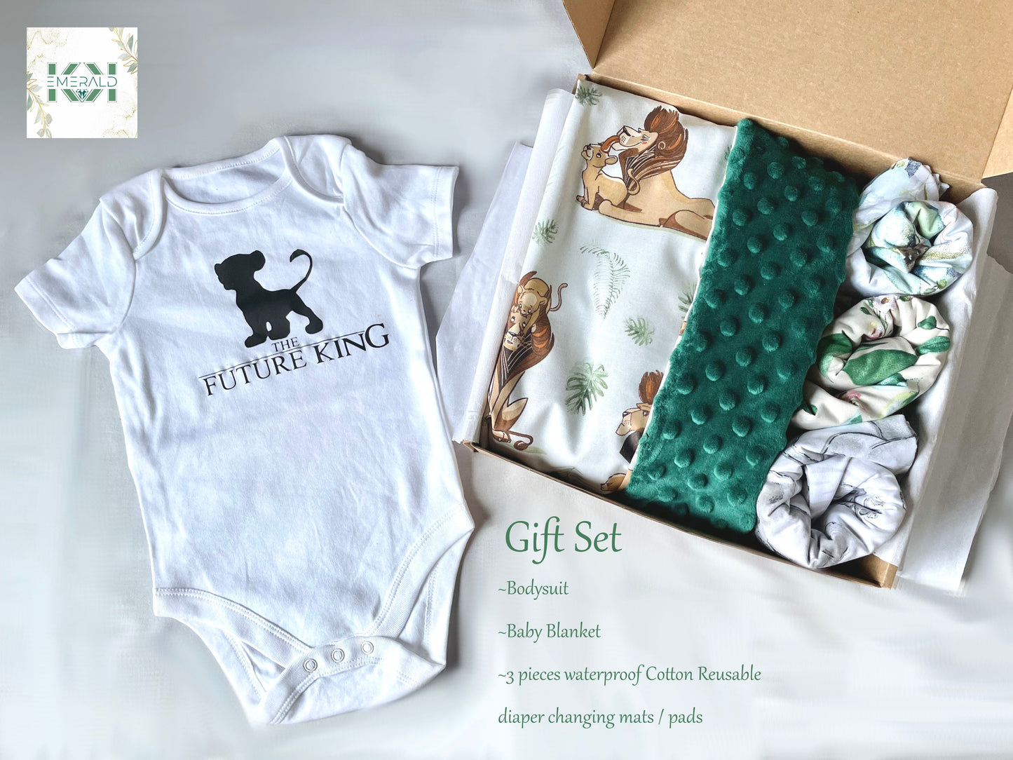Set de regalo Baby Lion the Future King Body con manta Minky a juego l Sábanas impermeables Baby Shower set de regalo en caja